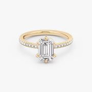 Emerald Cut - Pave Band - 6 Prong Classic Ring - 18 K Gold